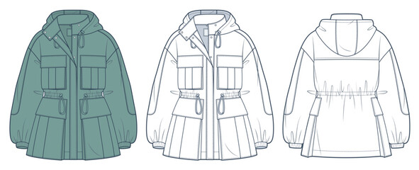 Wall Mural - Parka Jacket technical fashion Illustration. Hooded Drawstring Jacket fashion flat technical drawing template, button, oversize, front, back view, white, green, women, men, unisex CAD mockup set. 