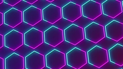 Wall Mural - 4K luxury abstract geometric futuristic hexagon background loop. Trendy sci-fi neon-colored bg for cyberspace, films, screensaver, wallpaper. Seamless clean and glossy technology bg.
