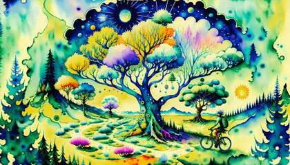 Wall Mural - Cycling Through a Colorful Meadow - An Artistic Journey with an Imaginative Tree, Generative AI