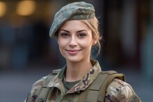 Beautiful Young Woman In Military Uniform Smiling At Camera On City Street