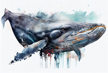 Wall Mural - Picture of a watercolor drawing of a humpback whale. Generative AI