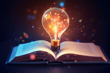 Glowing Light Bulb On A Text Book Illuminating Everything. Learning And Education Concept. Generative AI