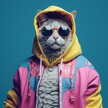 Fashion Photography Of A Cute Anthropomorphic Dog Dressed In Large Hiphop Clothes From 1980s With Pastel Iridescent Palette. Pink, Yellow, Blue, Violet Vibrant Colors. Generated AI.
