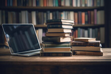 Stack Of Books Piled Up Next To A Laptop On A Wooden Table In A Dark Background. E-learning And Education Concept. Generative AI
