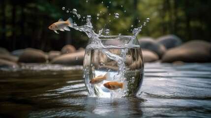 Fish leap out from a glass into a river, bigger wider environment. Concept of courage to leave the comfort zone and free oneself for better. Generative AI