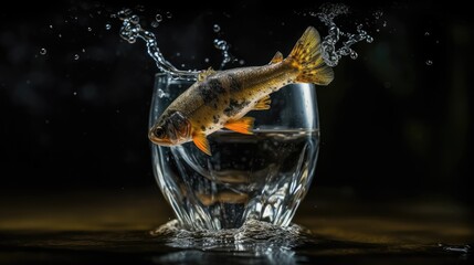 Poster - Fish leap out from a glass into a river, bigger wider environment. Concept of courage to leave the comfort zone and free oneself for better. Generative AI