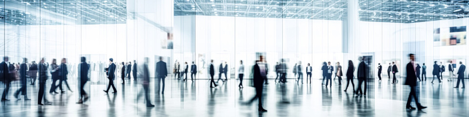 blurred business people walking at a trade fair, conference or walking in a modern hall, motion spee