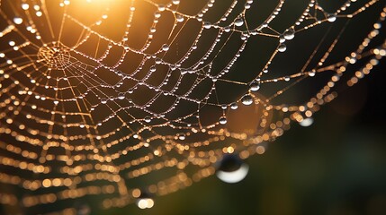  a close up of a spider web with water drops on it.  generative ai