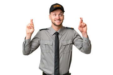 Sticker - Young security caucasian man over isolated background with fingers crossing