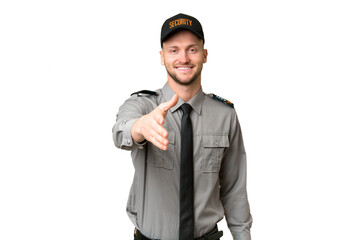 Sticker - Young security caucasian man over isolated background shaking hands for closing a good deal