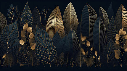 luxury wallpaper design with gold leaf and natural background. leaves line arts design for fabric, p