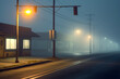 Leinwandbild Motiv empty road in a deserted foggy town next to street lamps generative ai