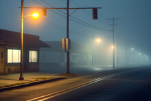 Empty Road In A Deserted Foggy Town Next To Street Lamps Generative Ai