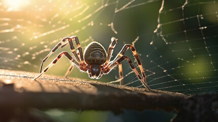  a barn spider sitting on top of a tree branch with its web in the background, illuminated by the sun The background is slightly blurred, giving the image a dreamy 