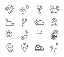Location Line Icon Set. Geolocation Icons. Pointer, Map, Pin Etc. Thin Line Icons. Vector Illustration.