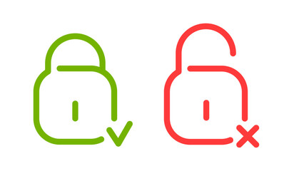 Aufkleber - Lock and unlock icons. Padlock with check mark and cross. Open and closed padlock. Protection and security lock. Vector illustration.