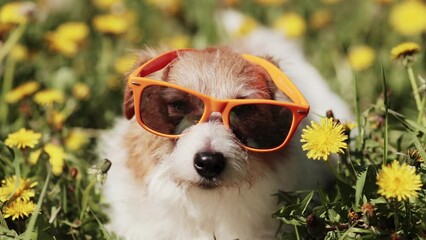 Wall Mural - Funny happy dog looking in the flowers with sunglasses. Spring, summer fun and sunbathing.