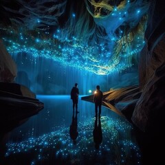  two people standing in a cave looking at the sky and stars.  generative ai