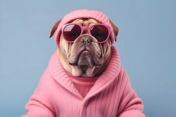 Wall Mural - Animal, dog, bulldog in pink sweater, sunglasses looking at the camera. Minimal concept of fashion and fun. Generated AI.