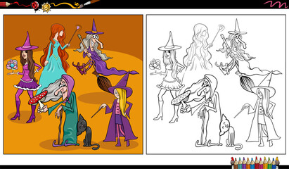 Wall Mural - comic witches fantasy characters group coloring page