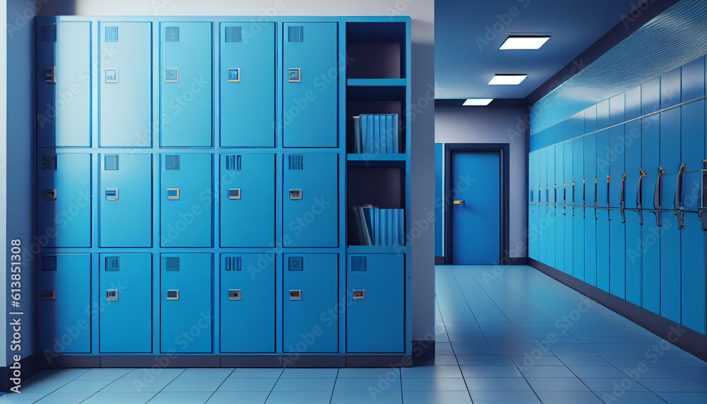 Sports background of a locker room with blue metal cage style lockers ...