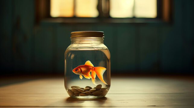 A goldfish in a glass jar is placed on the table, Generative Ai