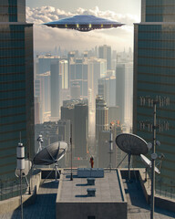 Wall Mural - ufo flying over a grey city and a person on a roof trying to contact aliens in the spaceship through