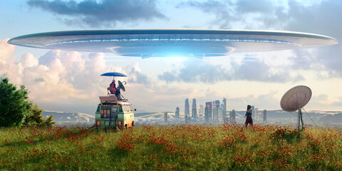 Wall Mural - giant ufo floating over a city with glowing bright light and two men trying to establish contact wit