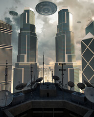 Wall Mural - flying saucer flying over a grey city and a man on a roof trying to connect to aliens in the spacecr