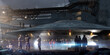 Aliens and humans study the flying saucer in a night military base under surveillance and glowing bright lamplight with unfocused foreground, concept art, 3D render, noise and chromatic aberration
