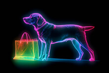 Neon Dog And Shopping Bag On Black Background. Black Friday. Cyber Monday. AI Generated