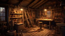 木工の工房。1800年代、フレンチ・ヨーロピアンな雰囲気のキャンドルライトの時代。古い道具と素朴な感じの古い小屋タイプの木工職人の仕事場。手描き風イラストレーションGenerativeAI