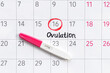 Pregnancy test with female ovulation day on calendar