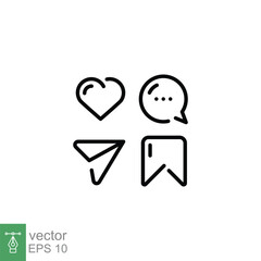 Poster - Social media icon set. Simple outline style. Like, comment, share, save, mobile phone chat message concept. Thin line symbol. Vector illustration isolated on white background. EPS 10.