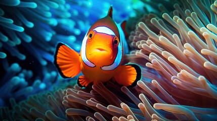 Wall Mural -  an orange clown fish in an anemone sea anemone.  generative ai