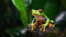  A Frog With Red Eyes Sitting On A Branch In A Forest.  Generative Ai