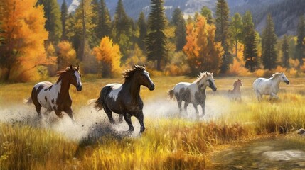 Wall Mural -  a painting of horses running through a field of grass and trees.  generative ai