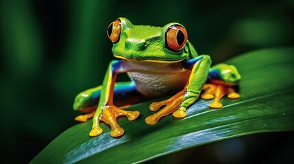  a green frog sitting on top of a green plant leaf.  generative ai