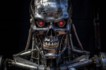 Poster - Cyborg endoskeleton portrait on black background Generative AI