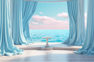 Elegant Product podium scene in pastel light colors, in a nautical antique style. Blue sky, tourmaline sea, tulle curtains. Copy space. Generative AI 3d render illustration imitation.