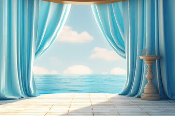  Summer Product podium scene in pastel light colors, in a nautical antique style. Blue sky, tourmaline sea, tulle curtains. Copy space. Generative AI 3d render illustration imitation.