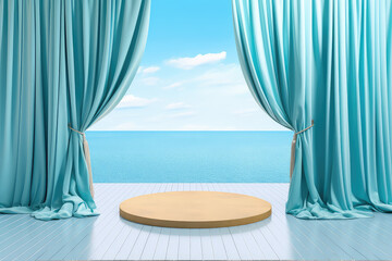  Product podium scene in pastel light colors, in a nautical antique style. Blue bright sky, tourmaline sea, tulle curtains. Copy space. Generative AI 3d render illustration imitation.