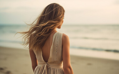 Wall Mural - Young beautiful woman on the seashore. Beach.