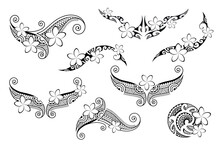 Set Of Maori Style Tattoo. Ethnic Decorative Oriental Ornament With Frangipani Plumeria Flowers. Collection Coloring Book