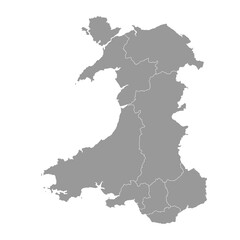  Grey map of Wales with counties. Vector illustration.