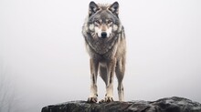  A Lone Wolf Standing On A Rock In The Foggy Woods.  Generative Ai