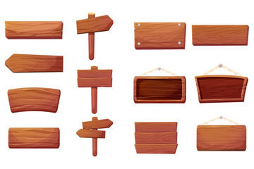set of wooden tablets, hanging textured panels rope, signboards with pointer, fence with nails in ca