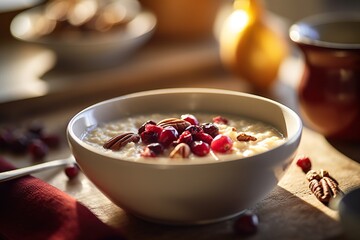 Close-up photo of a bowl of oatmeal with cranberries and pecans, morning light