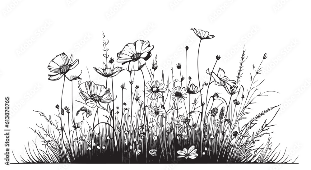 Field of wild flowers sketch , hand drawn in doodle style llustration ...