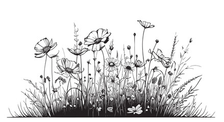 Field of wild flowers sketch , hand drawn in doodle style llustration